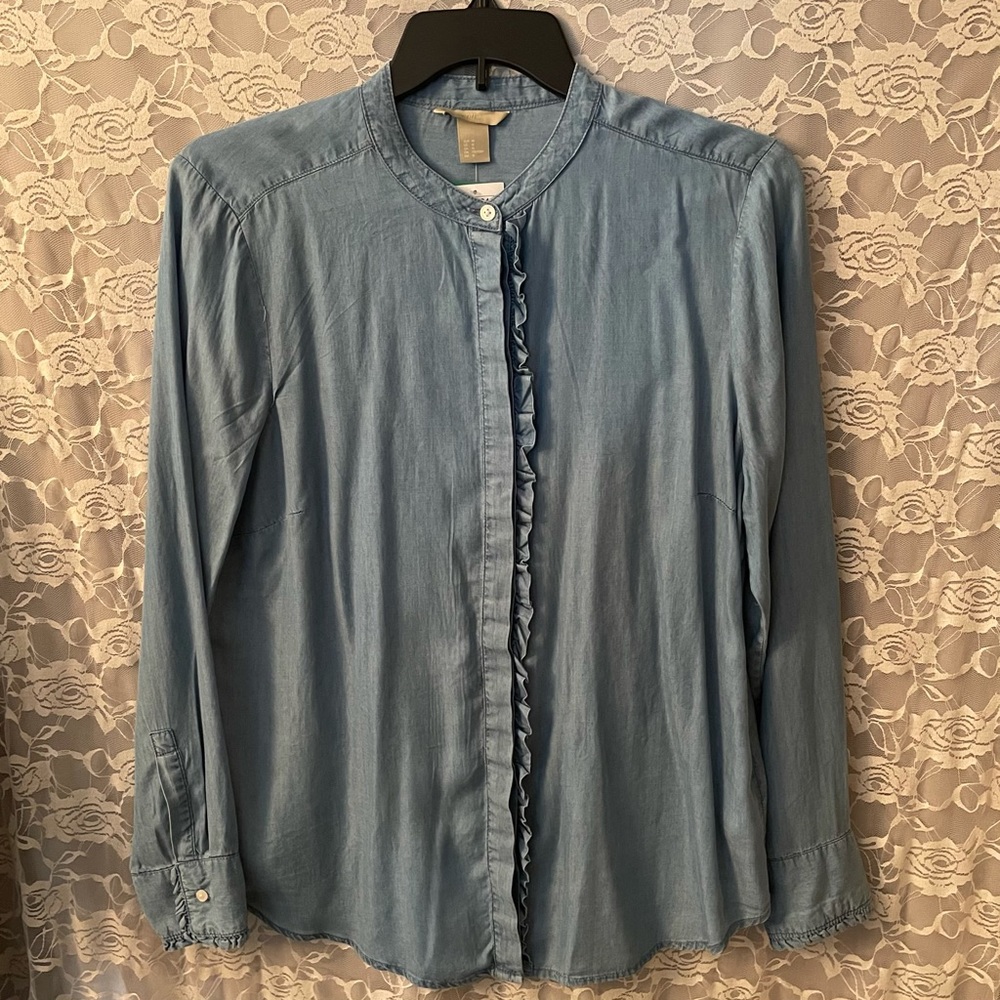 H&M Light Blue Ruffle Front Button-Down Blouse
